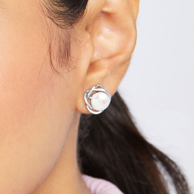 Spiral Pearl Silver Stud Earrings,,hi-res image number null