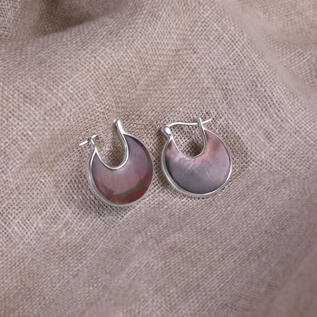 Earthy Dramatic Mother of Pearl Silver Hoop Earrings,,hi-res image number null