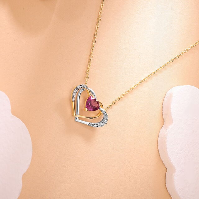 Interconnected Heart 14KT Gold Diamond & Pink Garnet Pendant & Chain,,hi-res image number null
