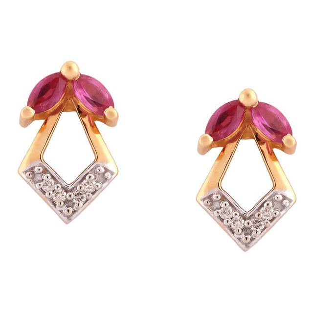 Leaf Pattern Ruby and Diamond Stud Earrings,,hi-res view 1
