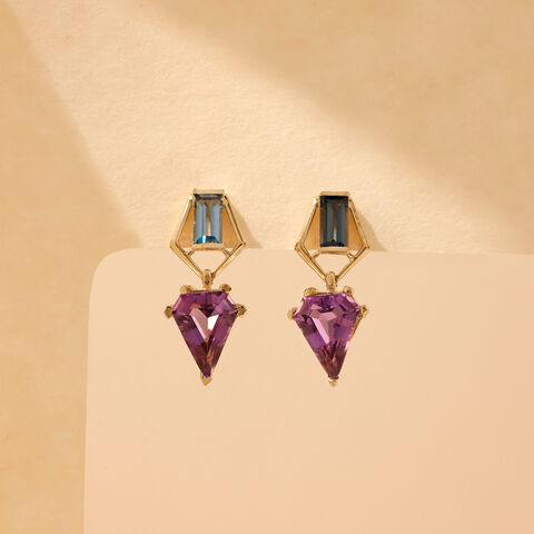 Balanced Contrasting Amethyst and Topaz Drop Earrings