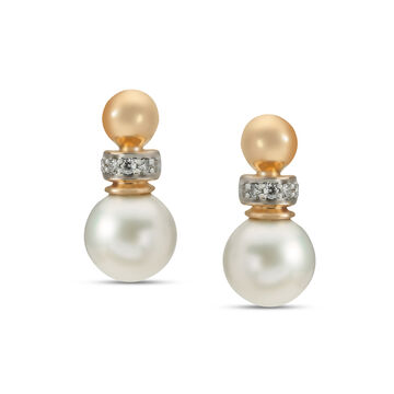 14KT Mia All-Rounders Yellow Gold Diamond And Pearl Stud Earrings With Semi-Orb Design