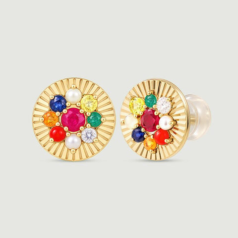 Radiant Navaratna Diamond Stud Earrings