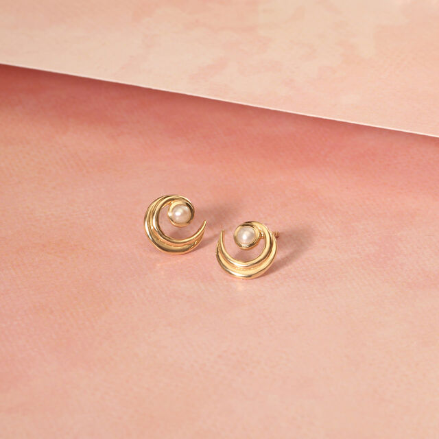Moonlit Pearl Crescents 14KT Yellow Gold Stud Earrings,,hi-res image number null