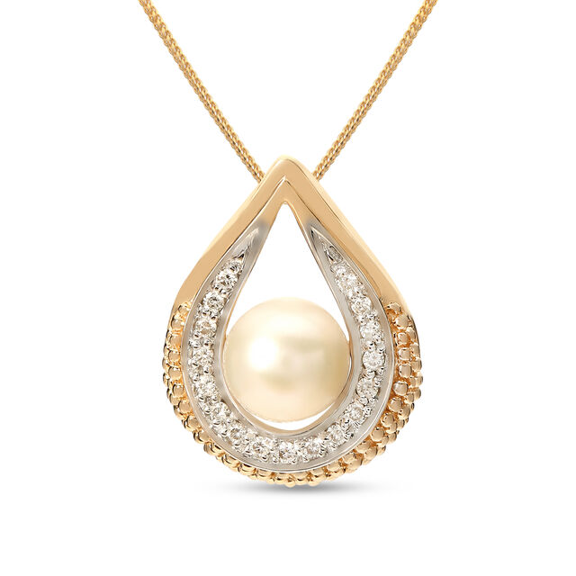 14KT Yellow Gold Diamond And Pearl Pendant With Teardrop Design,,hi-res view 1
