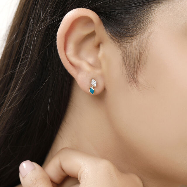 14 KT Yellow Gold Turquoise Diamond Stud Earrings,,hi-res view 3