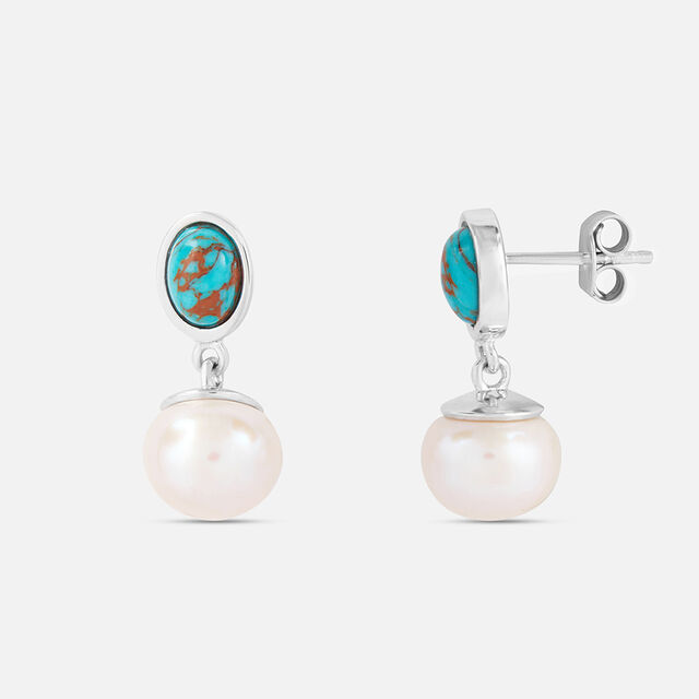 Turquoise Pearl Silver Drop Earrings,,hi-res image number null