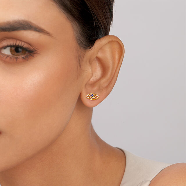 14KT Yellow Gold Hypnotic Blue Sapphire Evil Eye Stud Earrings,,hi-res image number null