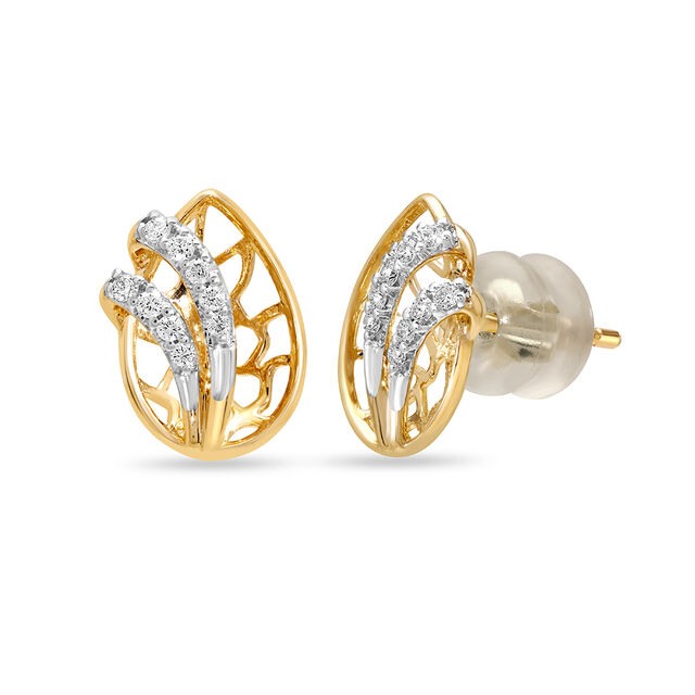 14KT Yellow Gold Dazzling Leaf with Curves Diamond Stud Earring,,hi-res view 3