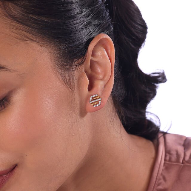 Hexagon Edge Gold & Diamond Stud Earrings,,hi-res image number null