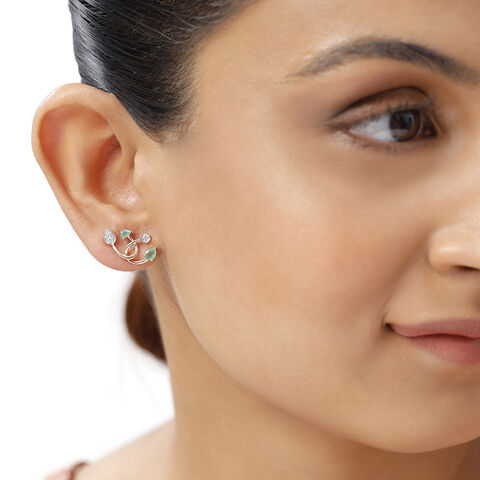 14KT Yellow Gold Flowy Emerald And Diamond Stud Earrings