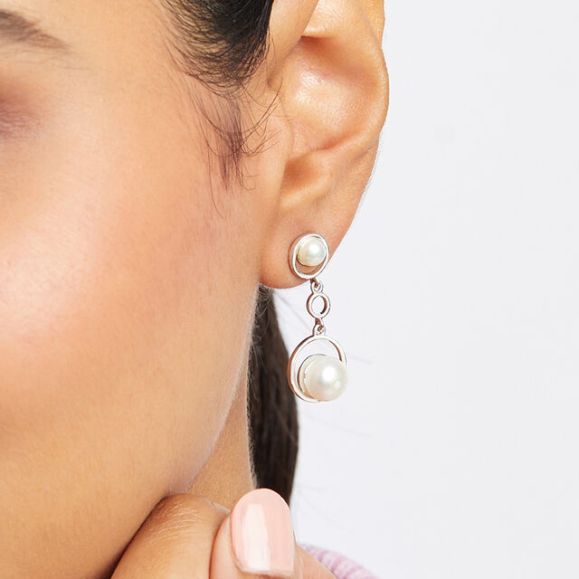 Sleek Pearl Silver Drop Earrings,,hi-res image number null