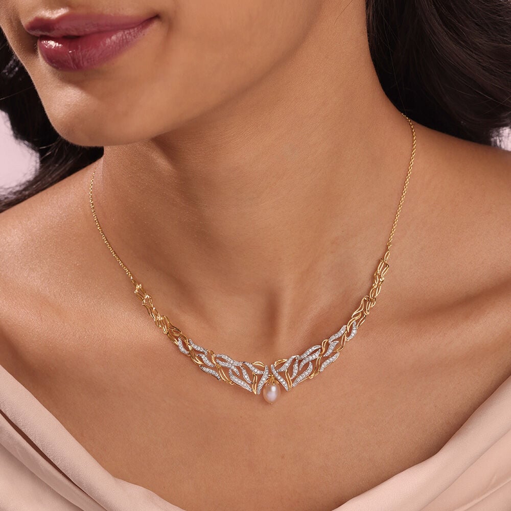 Buy Meandering River 18KT Diamond Pearl Necklace Online Mia by Tanishq
