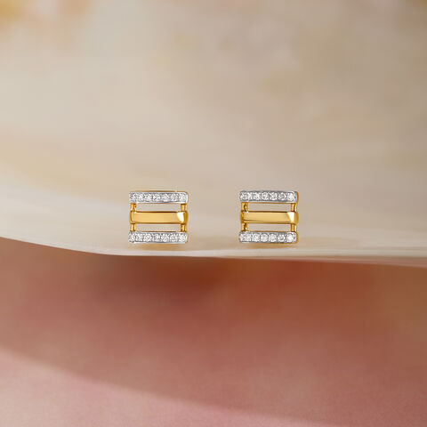 Sleek Dual-Bar Gold & Diamond Stud Earrings