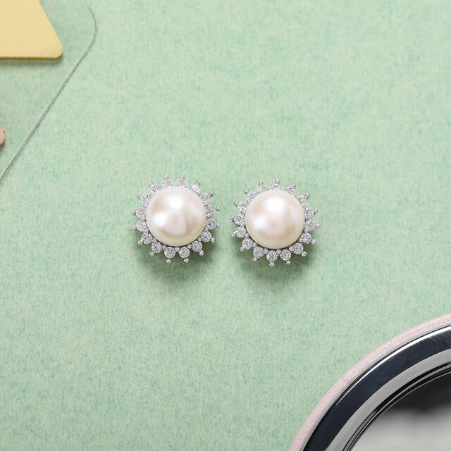 Shimmering Pearl Silver Stud Earrings,,hi-res image number null
