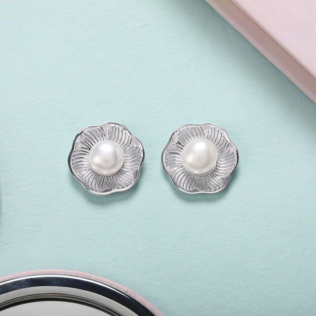 Artistic Pearl Silver Stud Earrings,,hi-res image number null