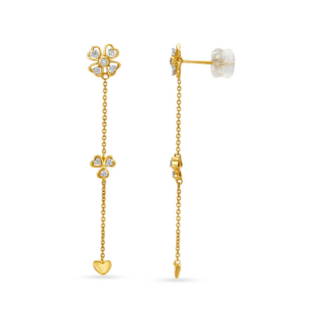 14KT Yellow Gold Diamond Drop Earrings With Floral Design,,hi-res view 2