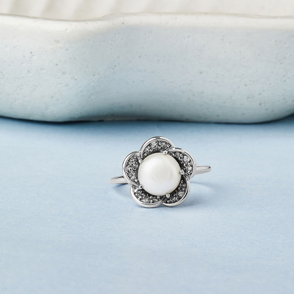 Buy Glided Blossom Pearl Silver Finger Ring Online Mia by Tanishq