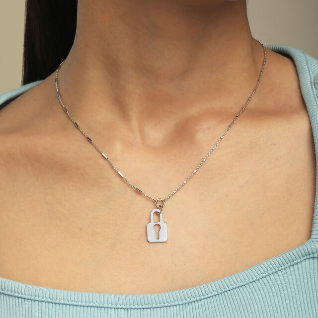 Minimalist Padlock Silver Necklace,,hi-res image number null
