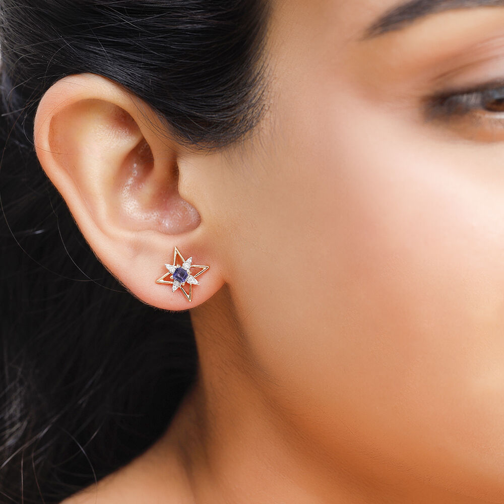 14KT Yellow Gold Shimmering Star Iolite Stud Earring