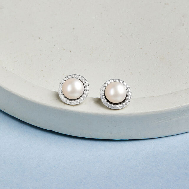 Minimalist Pearl Silver Stud Earrings,,hi-res image number null