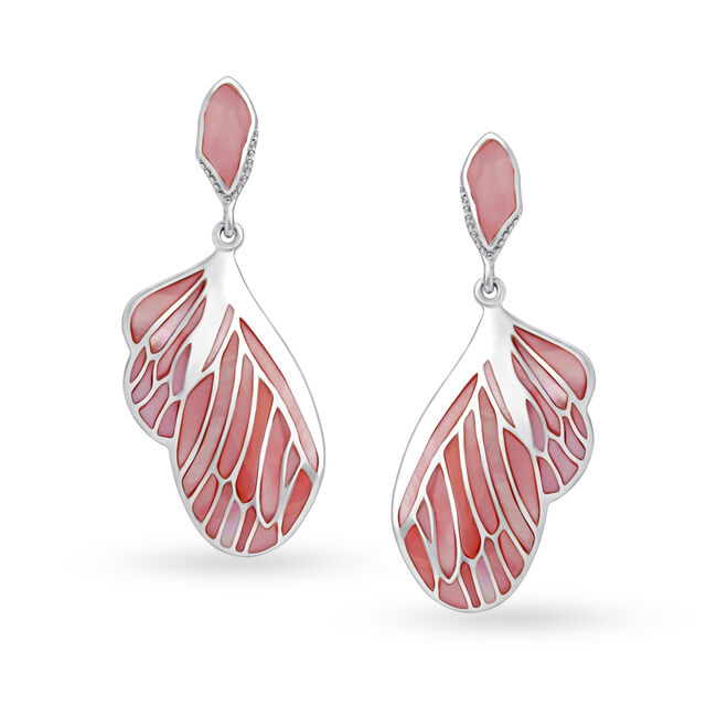 Silver Earrings For Women With Dangling Butterfly Wing Embellished By Multi-Coloured Mother Of Pearls,,hi-res view 1