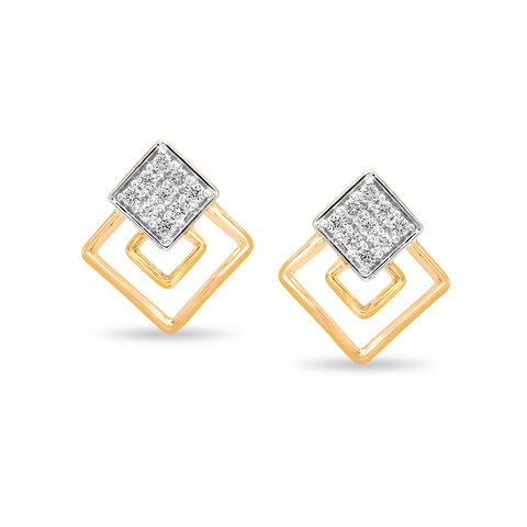 14KT  Yellow Gold Sparkling Trio of Rhombus Diamond Stud Earring