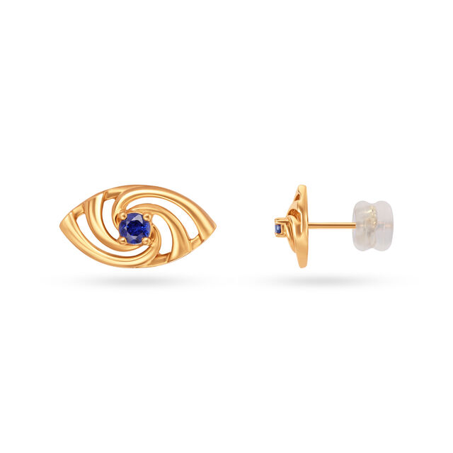 14KT Yellow Gold Hypnotic Blue Sapphire Evil Eye Stud Earrings,,hi-res view 3