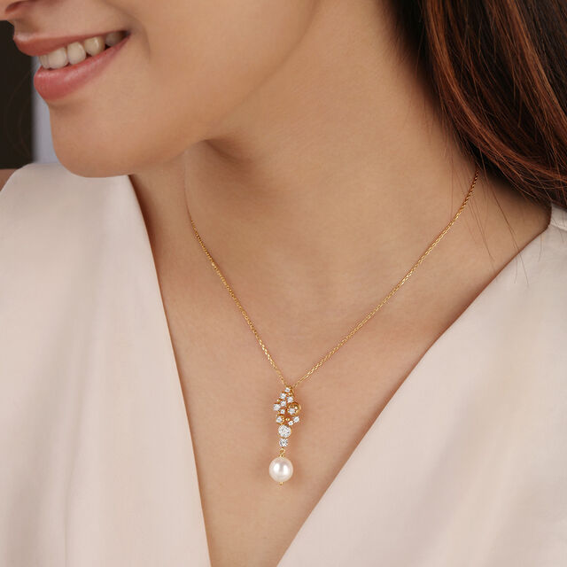 Starlit Glistening 14KT Diamond and Pearl Pendant,,hi-res image number null