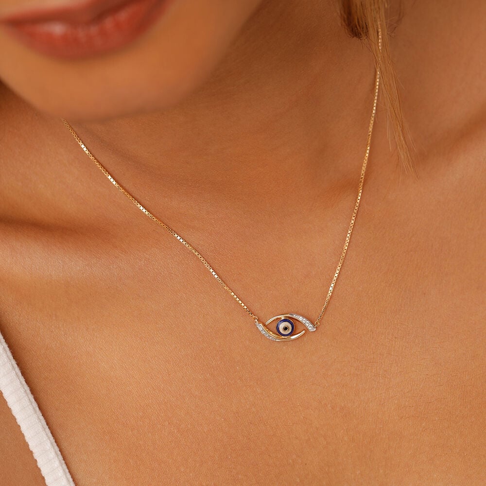 14KT Yellow Gold Evil Eye Necklace With Diamonds