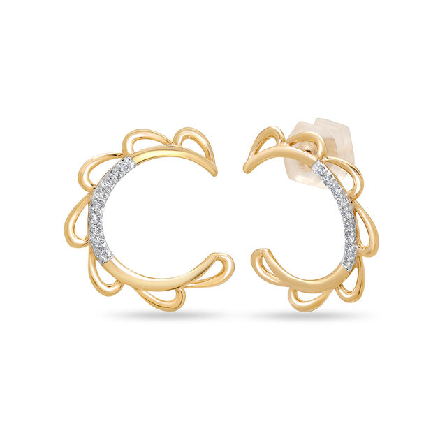 14 KT Yellow Gold Moon Flower Diamond Hoop Earrings,,hi-res view 2