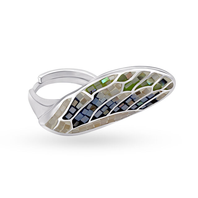 Silver Ring For Women In Single Wing Design Embellished With Multi-Coloured Mother Of Pearls,,hi-res image number null