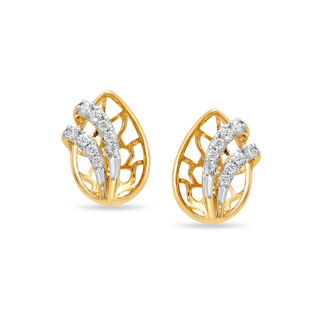 14KT Yellow Gold Dazzling Leaf with Curves Diamond Stud Earring,,hi-res view 2