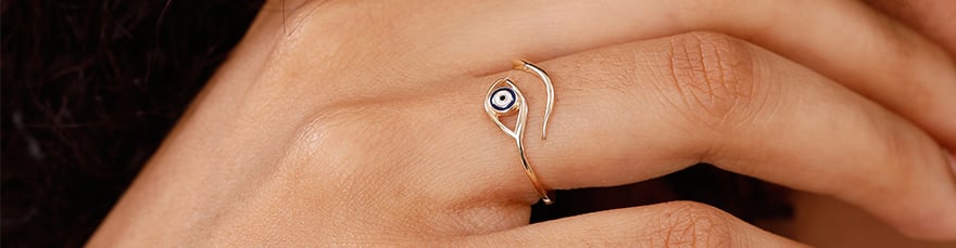 14KT Yellow Gold Curvy Evil Eye Design Finger Ring