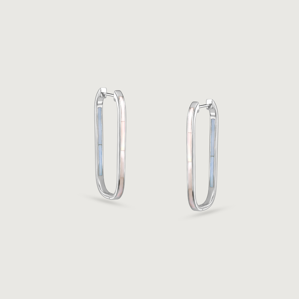 Subtle Geometric Mother of Pearl Silver Hoop Earrings,,hi-res thumbnail 3
