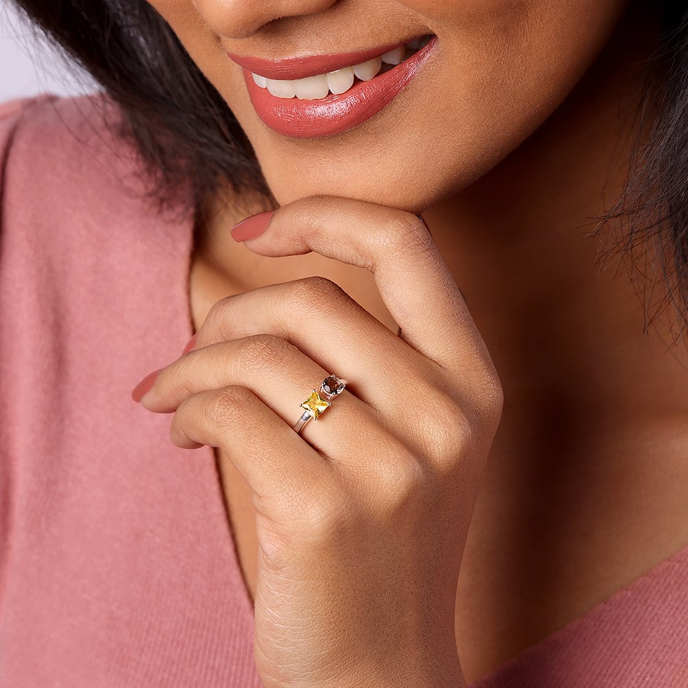 Smokey Elegance & Citrine Spark Silver Ring