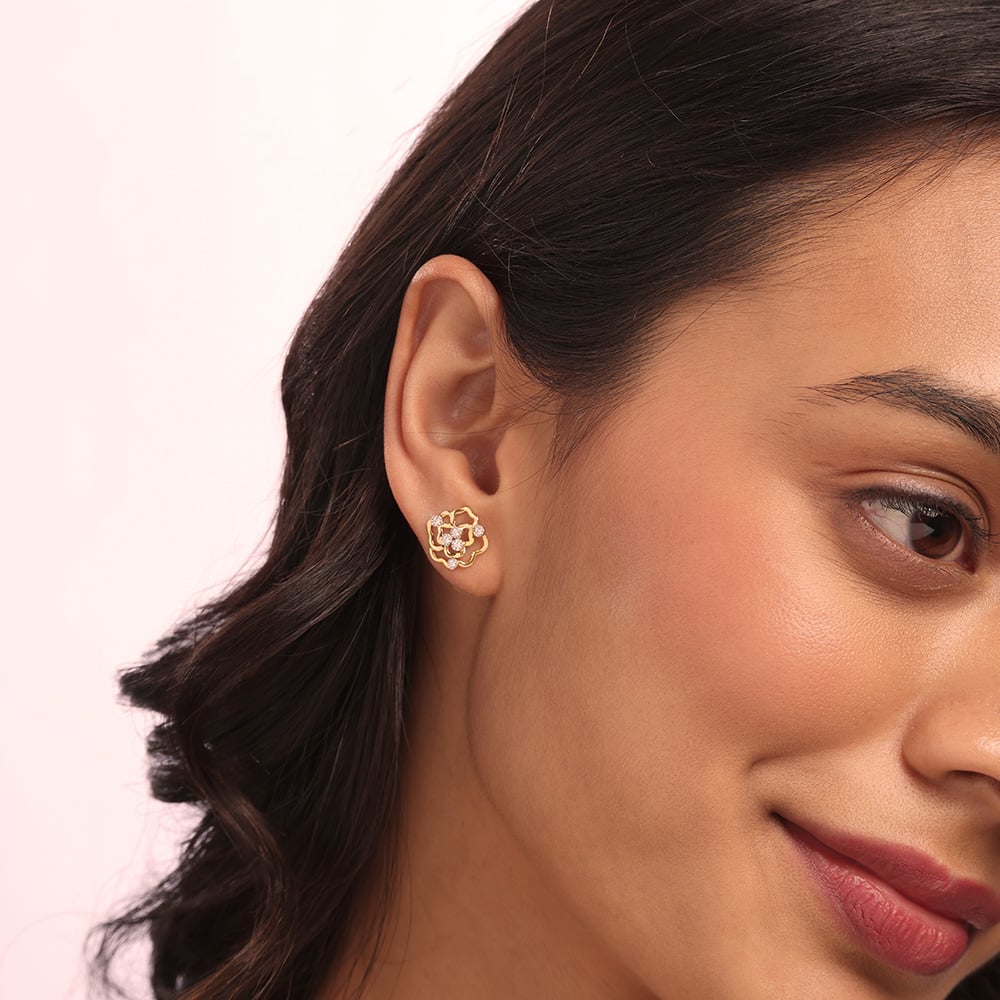 Blooming Radiance 14 Kt Gold & Diamond Stud Earrings,,hi-res thumbnail 2