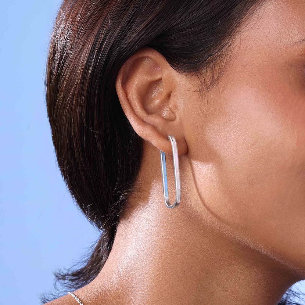 Subtle Geometric Mother of Pearl Silver Hoop Earrings,,hi-res thumbnail 2