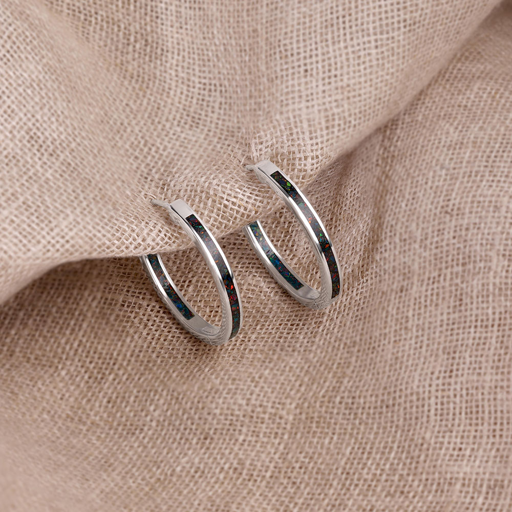 Vibrant Textured Opal Silver Hoop Earrings