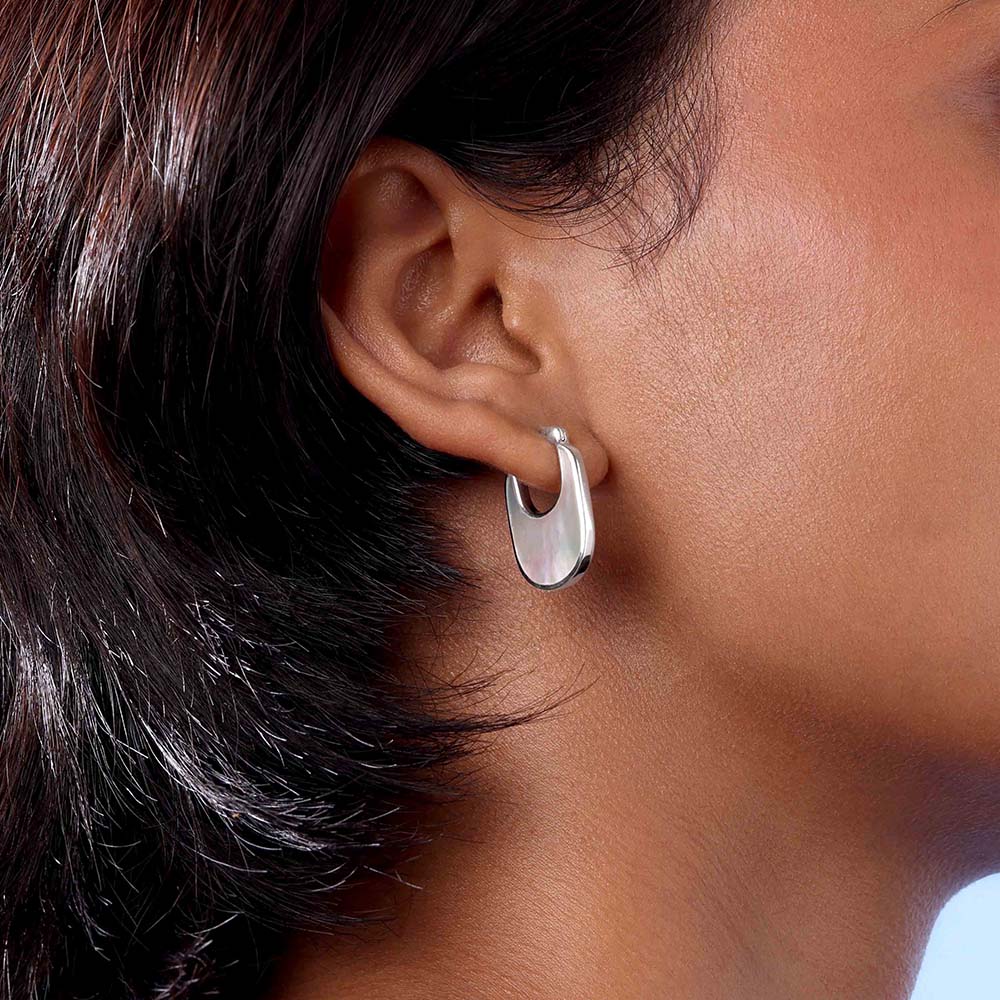 Soft Contemporary Mother of Pearl Silver Hoop Earrings,,hi-res thumbnail 2