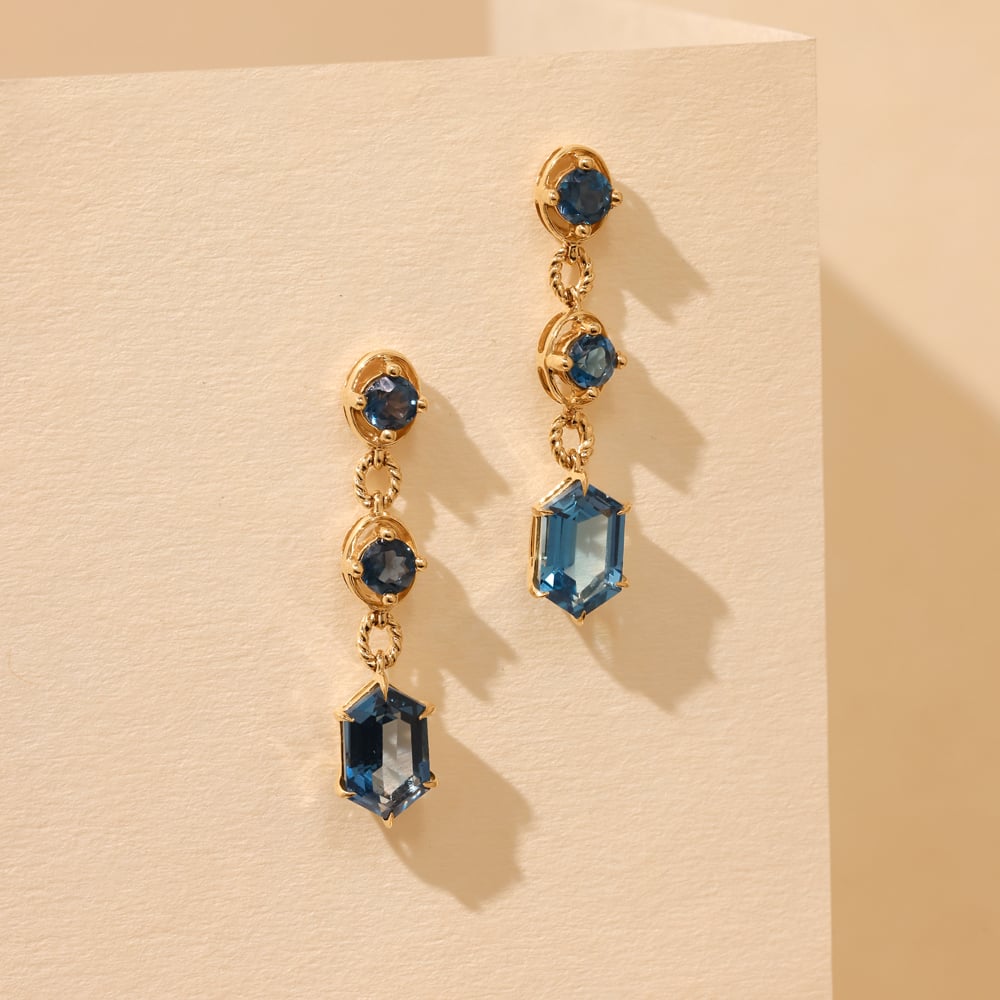 Shiny Blue Topaz Gold Drop Earrings