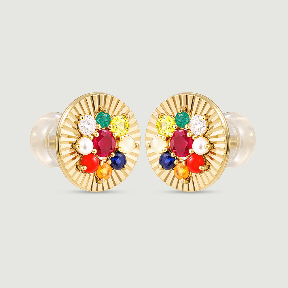Radiant Navaratna Diamond Stud Earrings,,hi-res thumbnail 5