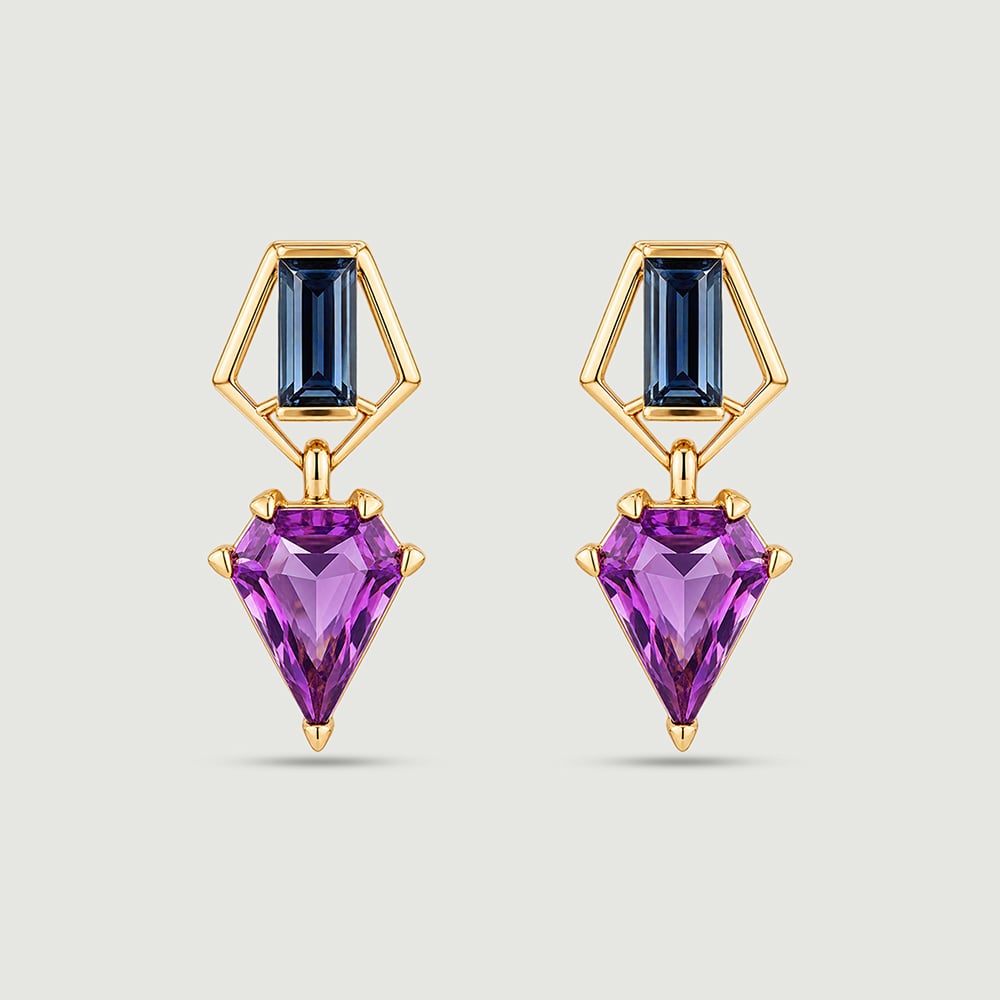 Balanced Contrasting Amethyst and Topaz Drop Earrings