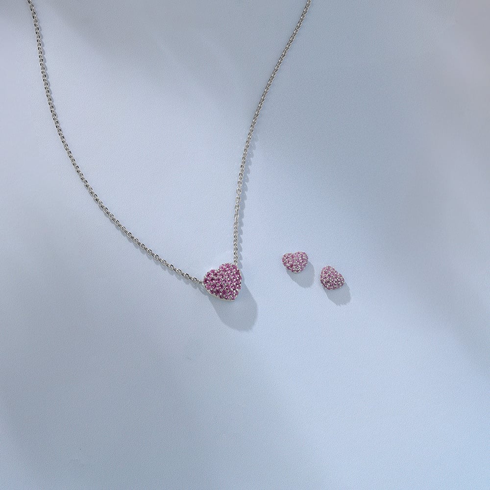 Cheeky Heart Silver Earrings and Necklace Set