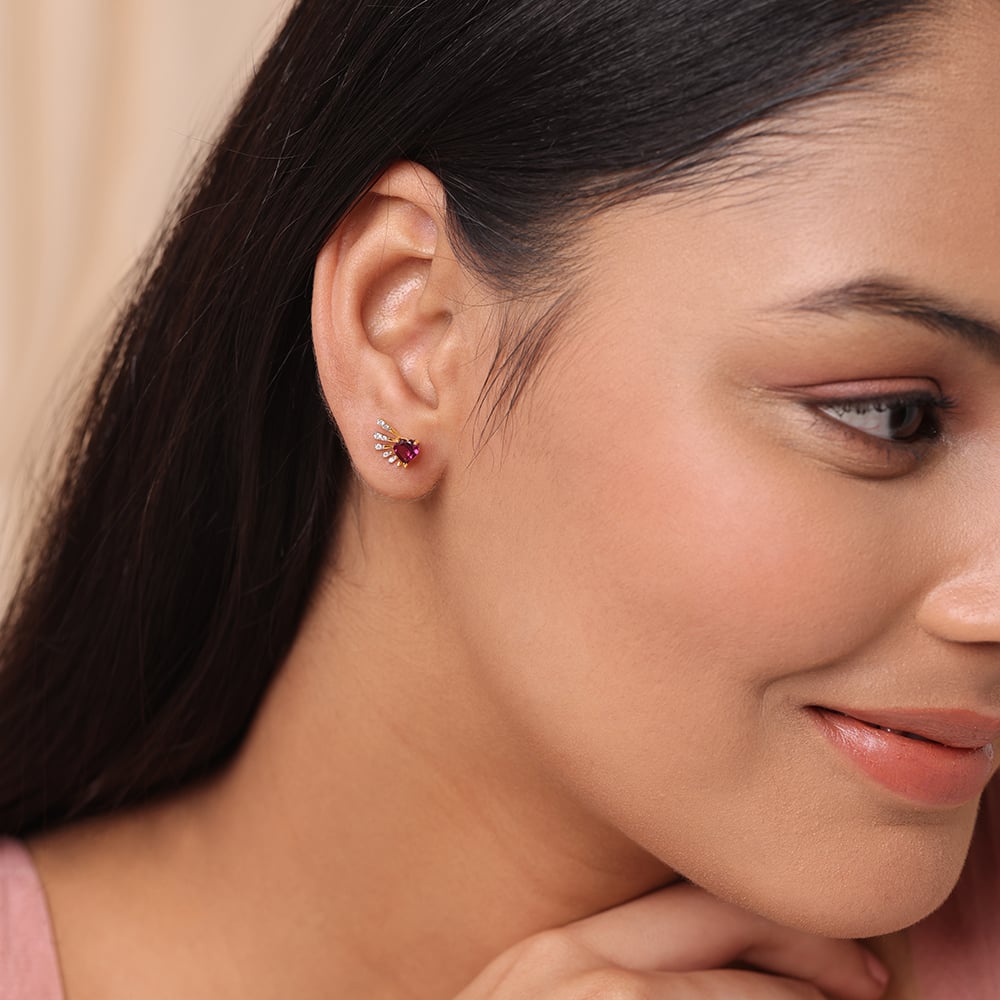 Cupid Edit 14KT Gold Diamond & Pink Garnet Stud Earrings,,hi-res thumbnail 2