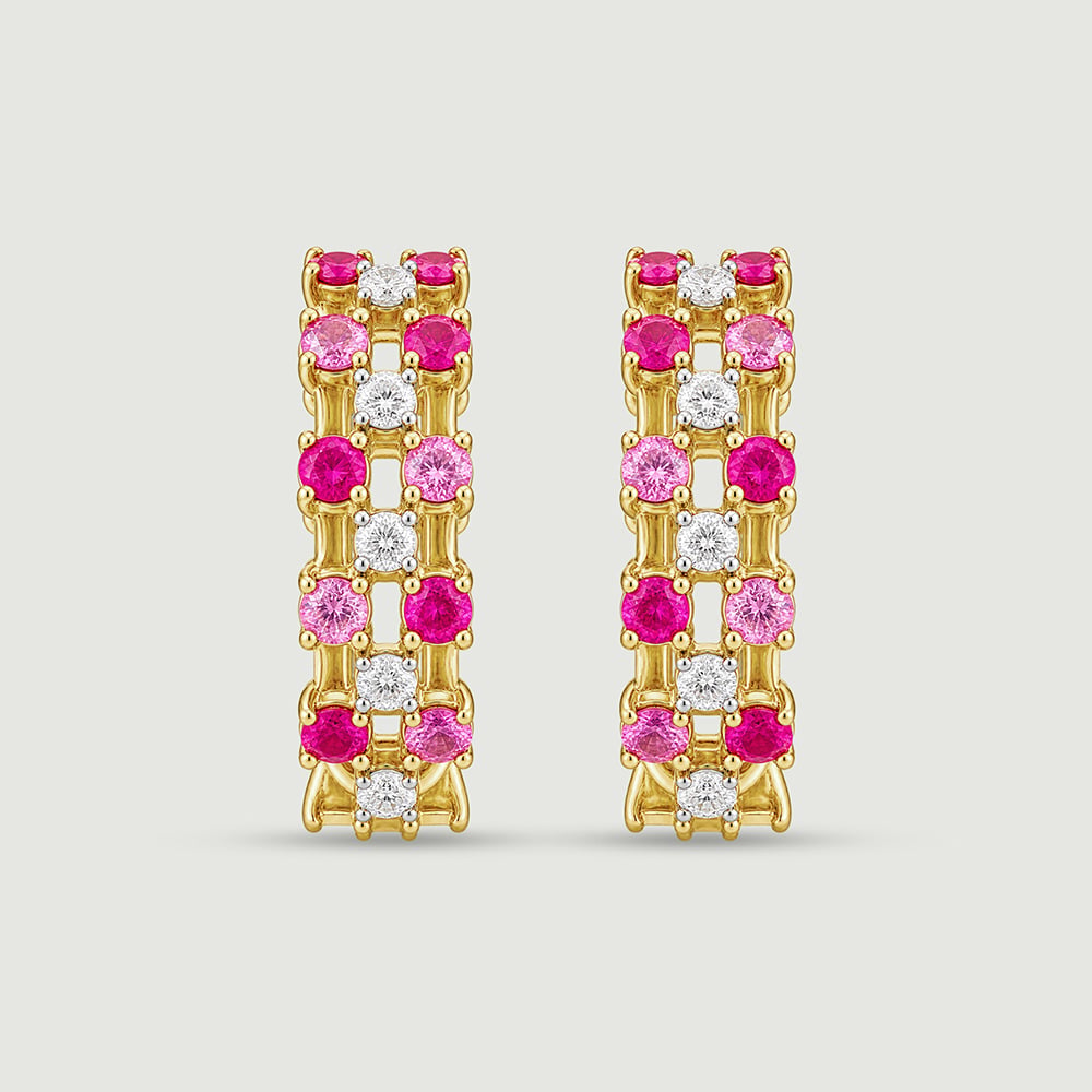 Graphic Triple Row Sapphire and Ruby Hoop Earrings,,hi-res thumbnail 2