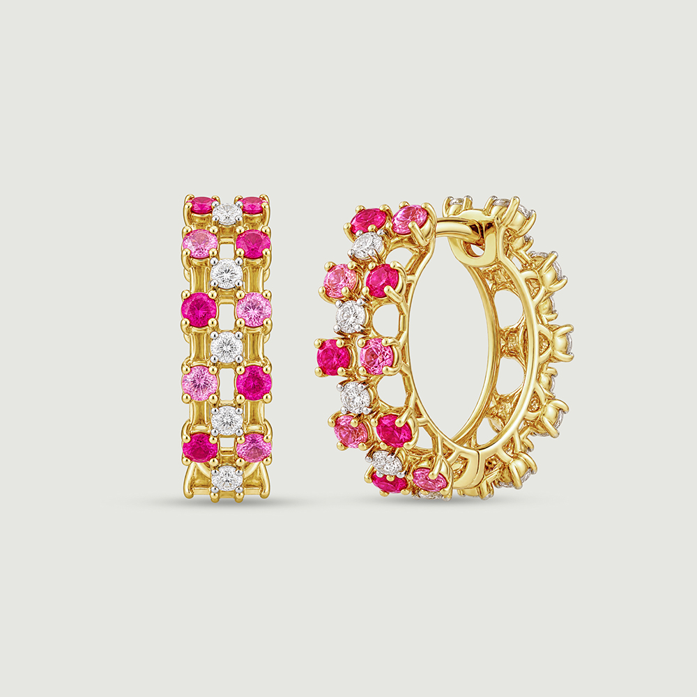 Graphic Triple Row Sapphire and Ruby Hoop Earrings,,hi-res thumbnail 3