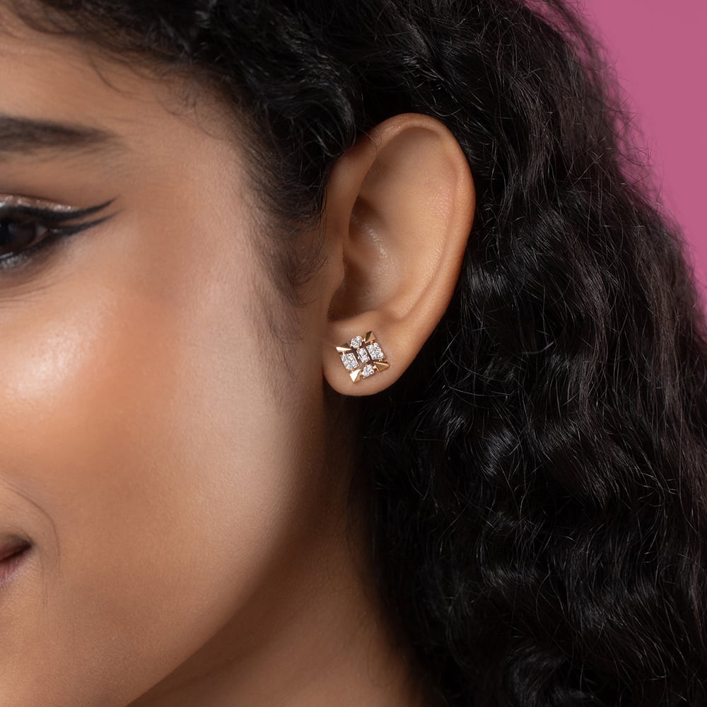 Sequin Grid Gold & Diamond Stud Earrings,,hi-res thumbnail 2