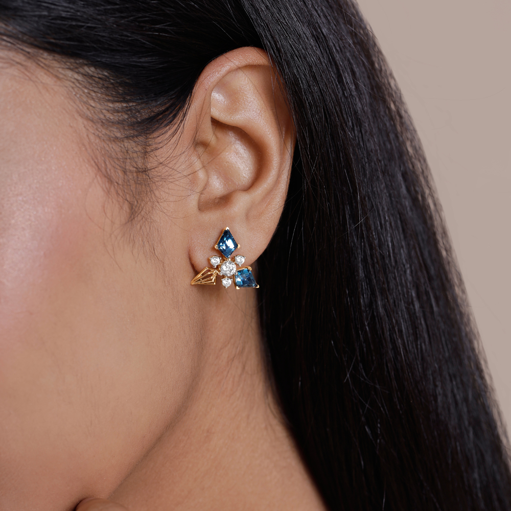 Geometric Blue Topaz Gold Stud Earrings,,hi-res thumbnail 2