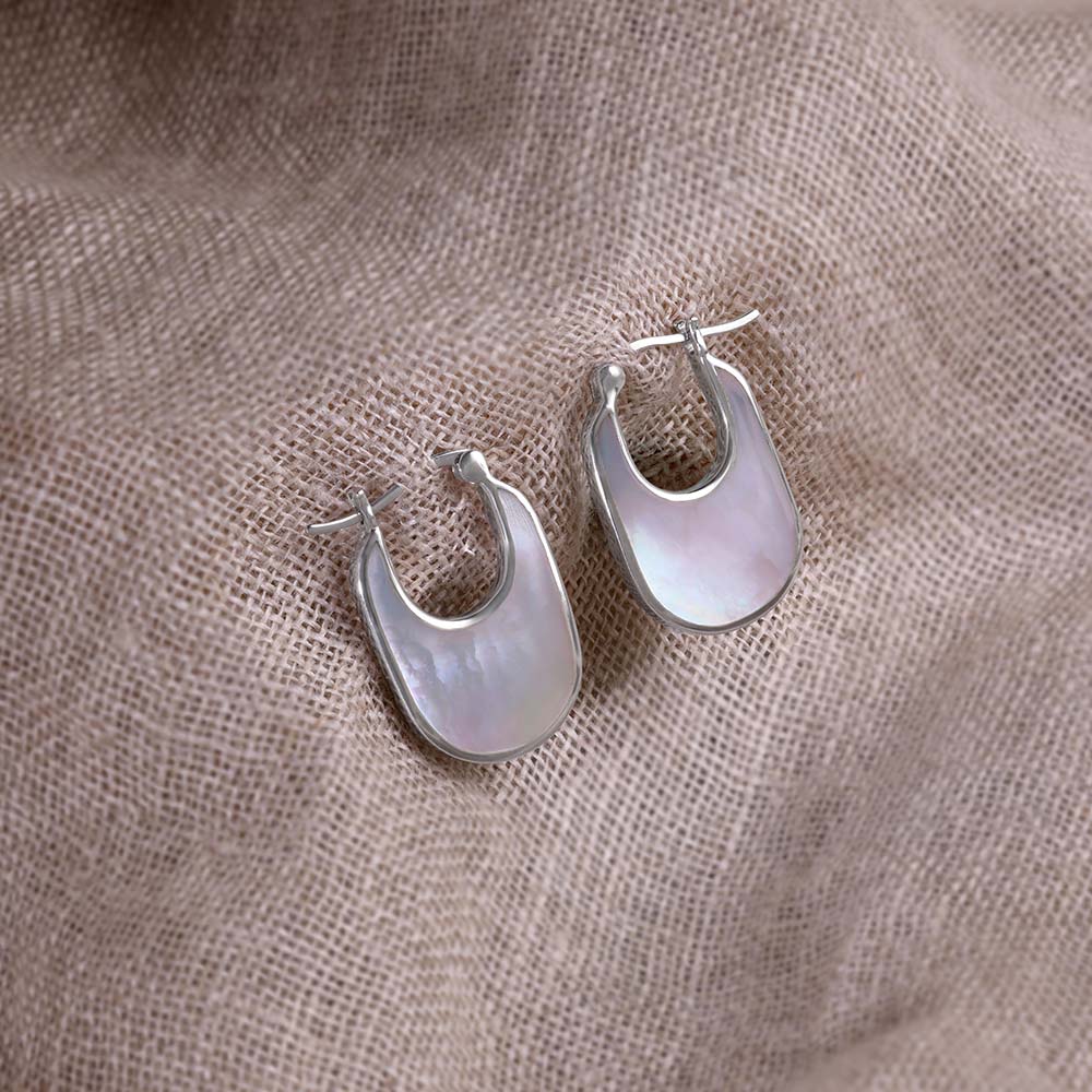 Soft Contemporary Mother of Pearl Silver Hoop Earrings